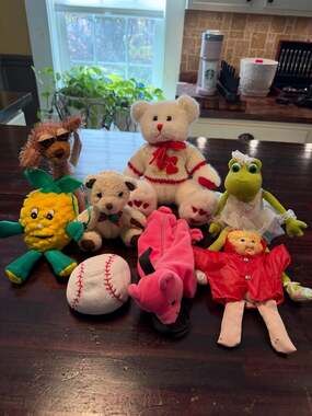 Novelty Plush Toy Lot-8pc-Teddy Bear Ballerina-Frog-Pineapple-Plush Pig Raincoat